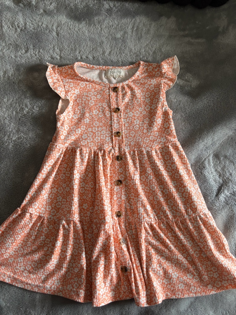 btween Orange Floral Button-Down Flutter Sleeve Dress